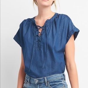 Short Sleeve Lace Up Denim Shirt Size M